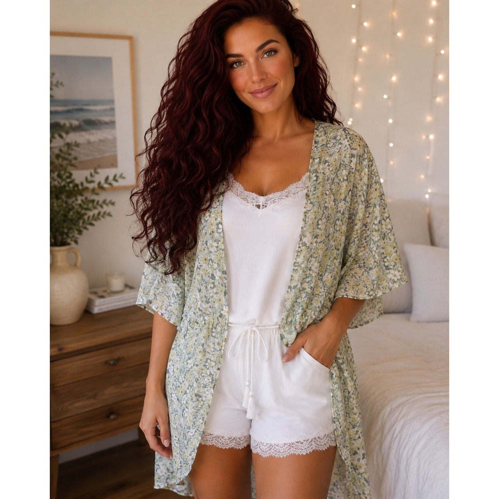 LC Lauren Conrad Floral Kimono Swim Cover Up Green Yellow Tassel Tie OS NWT
